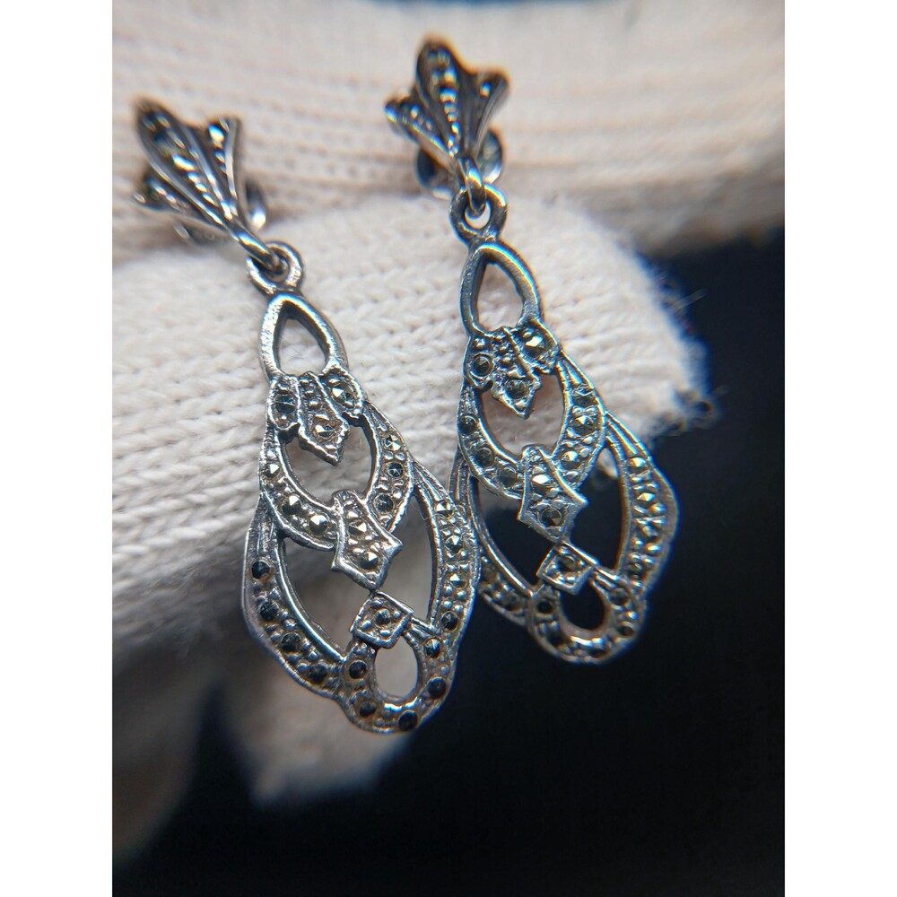 Sterling Silver 925 Art Deco Marcasite Dangle Earrings ~1.5"